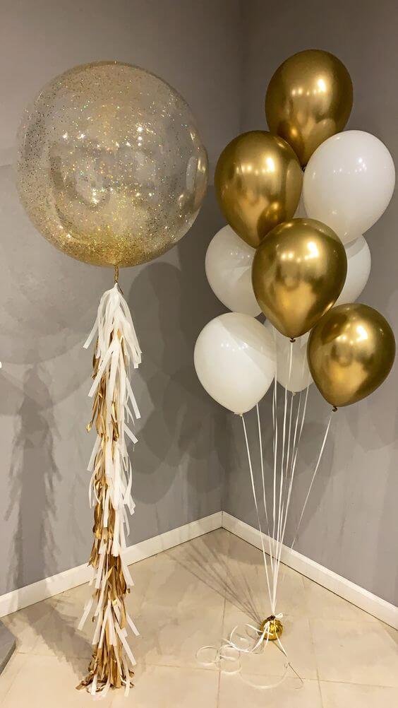 gold and white balloon with gold confetti bubble balloon for party