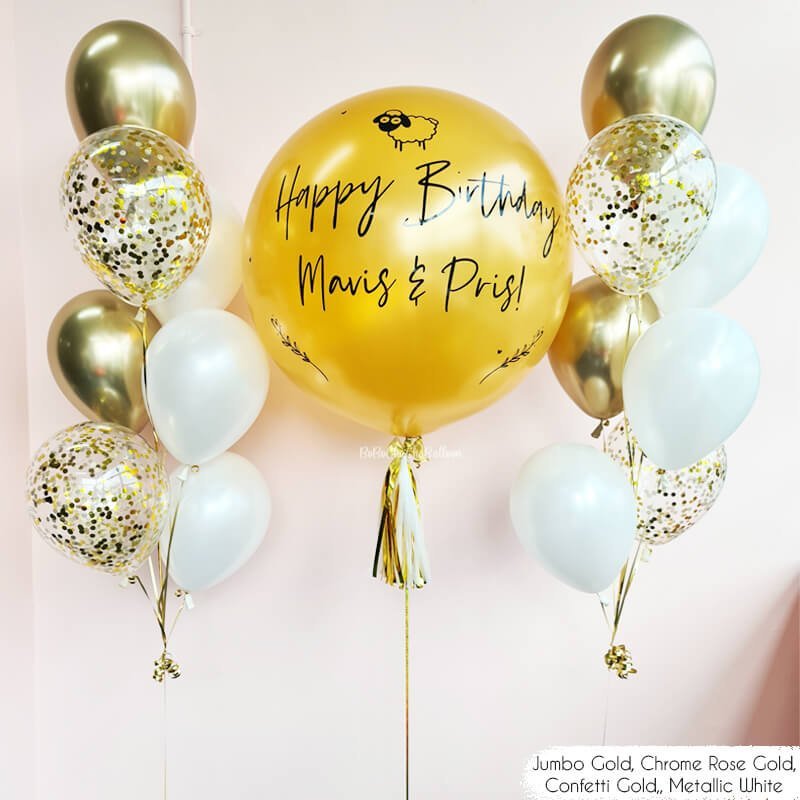 white, gold and confetti balloons for birthday party