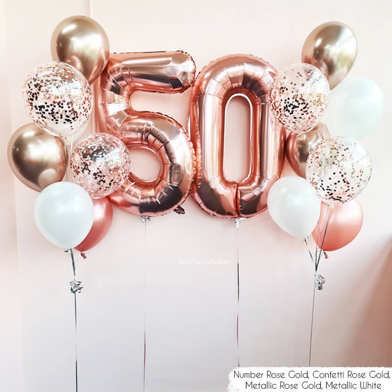 rose gold ,white and confetti balloons along with numbered foil balloons for birthday