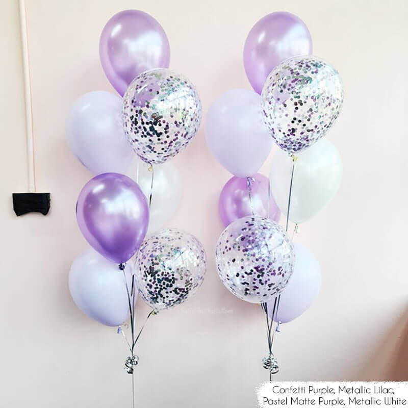 confetti purple ,pastel purple and white theme balloon bouquet for celebration