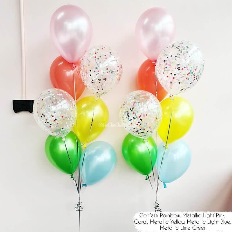 confetti rainbow ,pink, yellow ,green ,blue balloon bouquet for celebration
