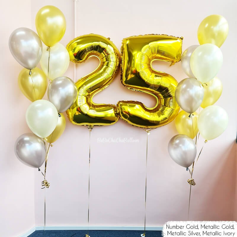 gold and white themed birthday balloon set