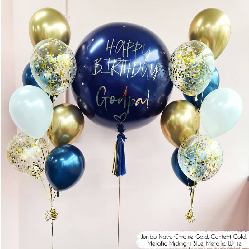 jumbo navy, gold and confetti balloons for birthday party
