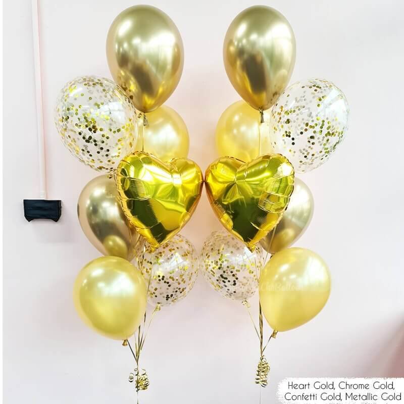 chrome gold ,white and confetti balloon bouquet for decoration