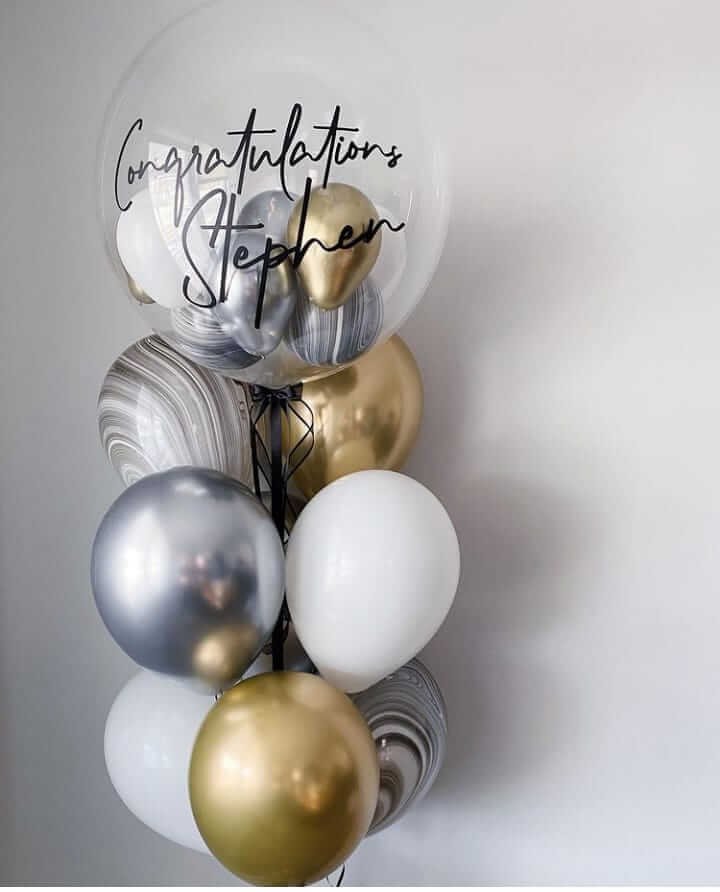 white ,silver and gold balloons with bubble customized balloon bouquet