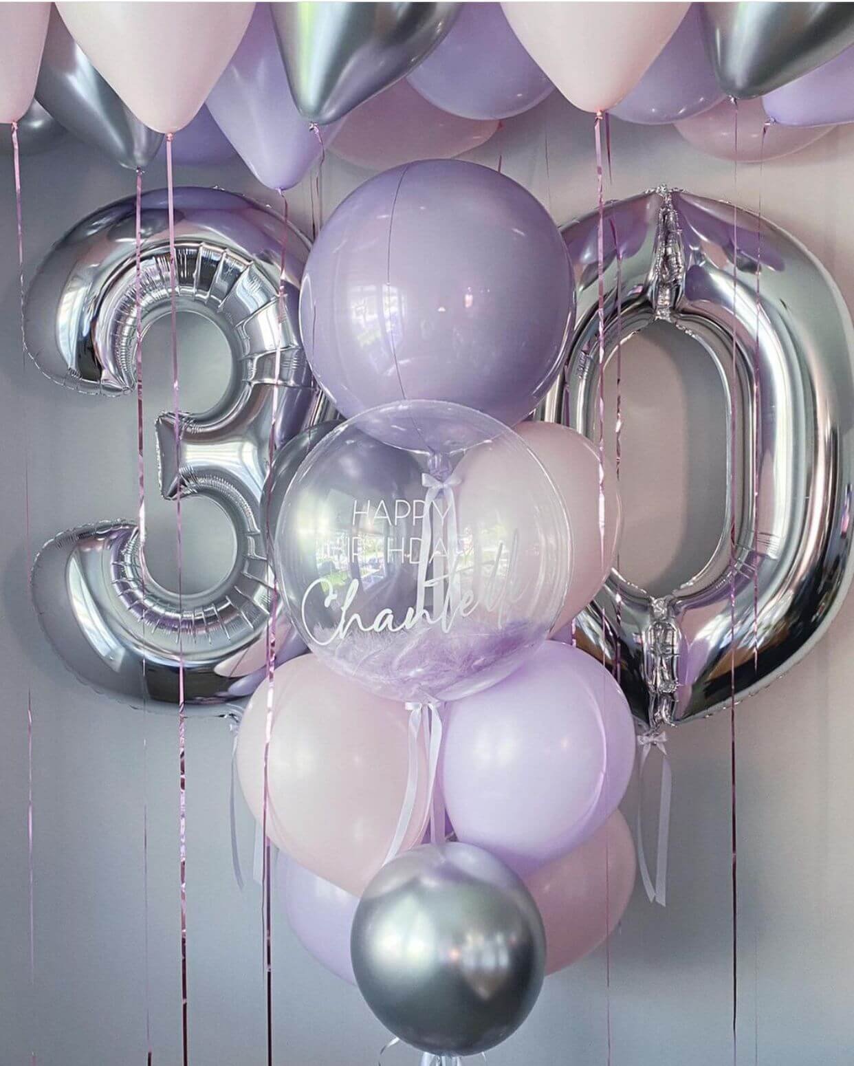 lavender and silver customized balloon bouquet for birthday