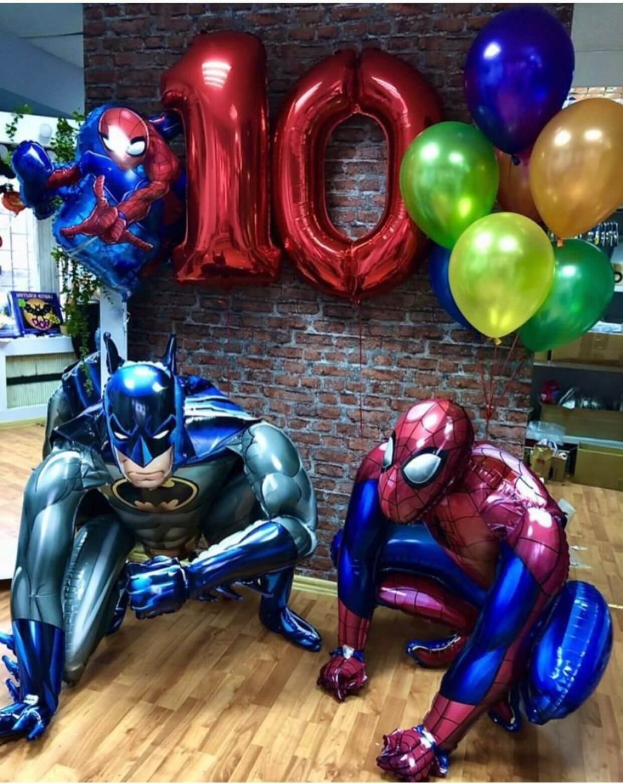 spiderman themed and numbered foil balloons with multicolor balloons