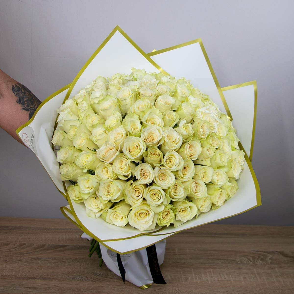 100 Long Stem White Roses Hand Bouquet